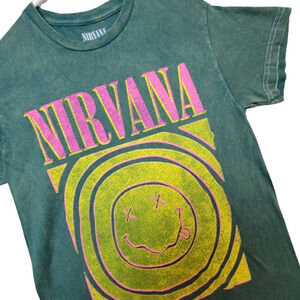 Nirvana Tee Shirt Men's Retro Graphic Burnout Green Smiley Size S NWOT